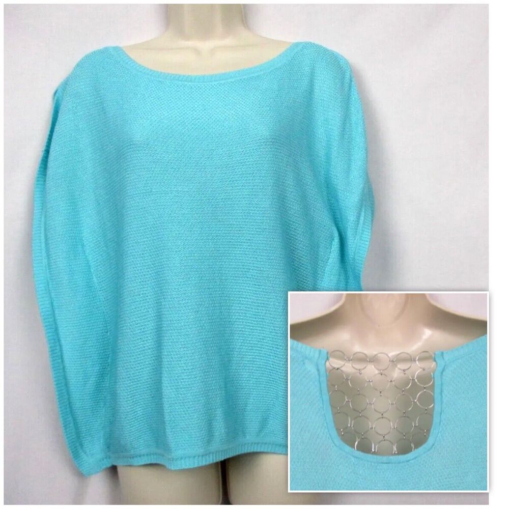 Cache Sweater Small Womens Metal Chain‎ Link Back Detail Boxy Poncho Light Blue